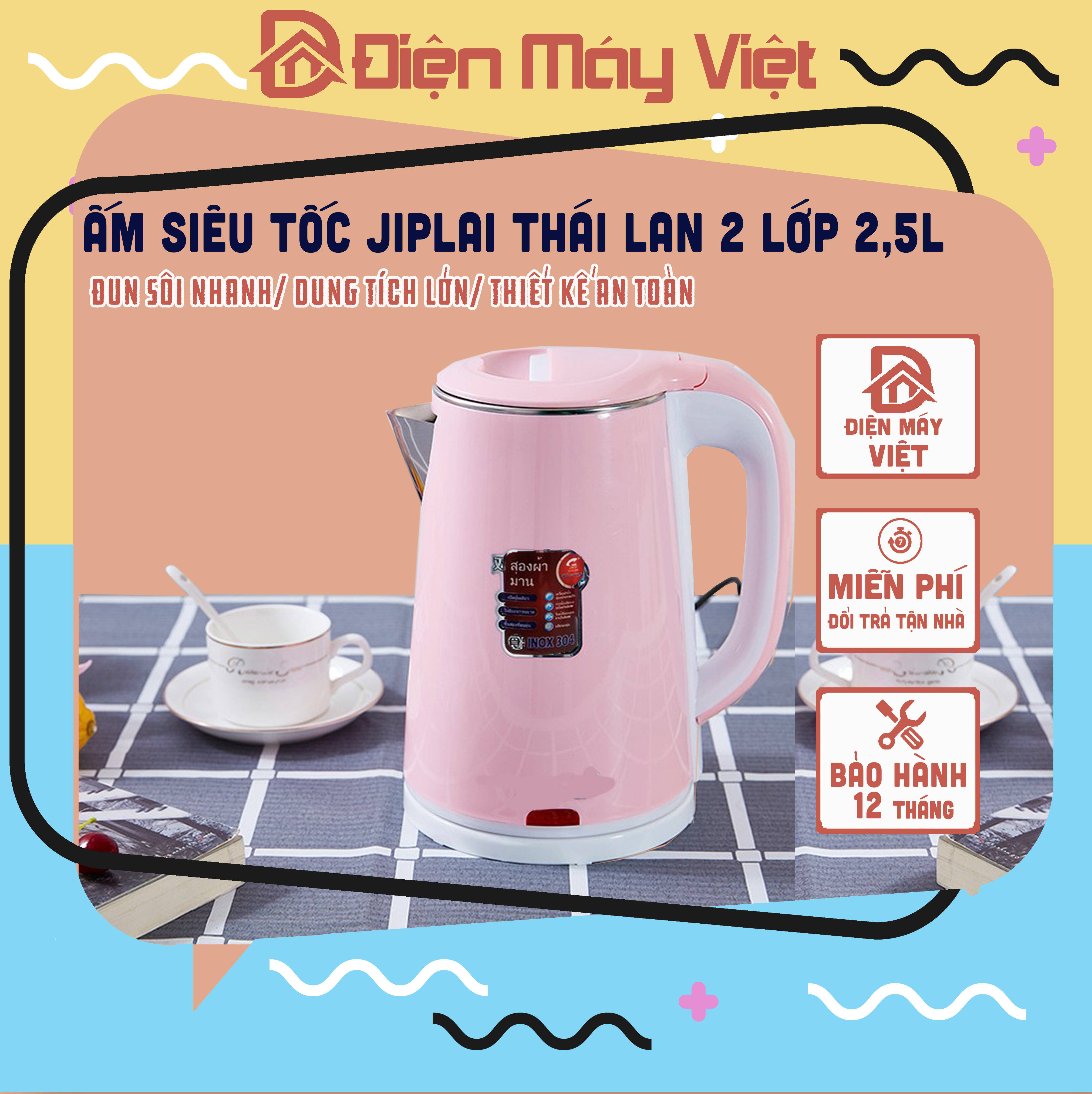 Ấm siêu tốc Jiplai Thái Lan 2 lớp 2,5l ( Bảo hành 12 tháng )