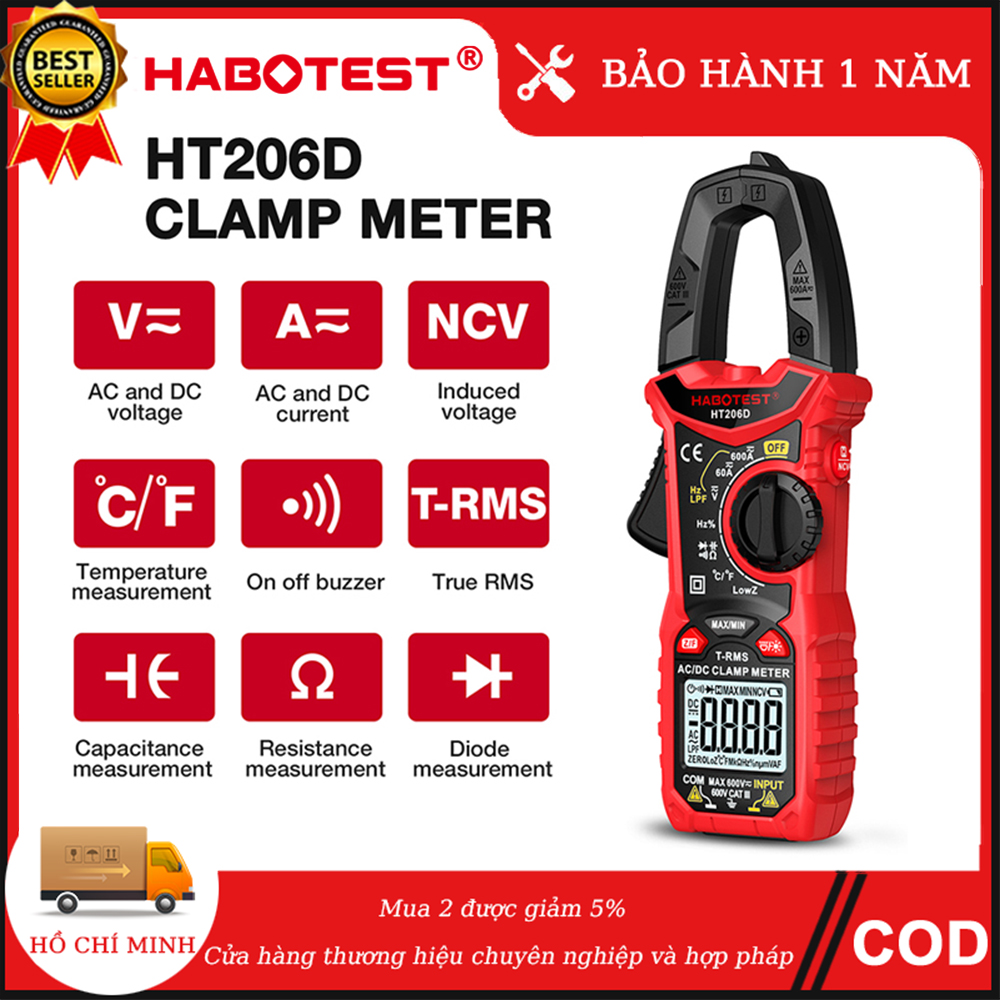 【Ship from Binh Duong HABOTEST HT206D/HT208D Digital Clamp Meter Multimeter AC DC Voltage Current True RMS High Precision Resistance Capacitance NCV Tester