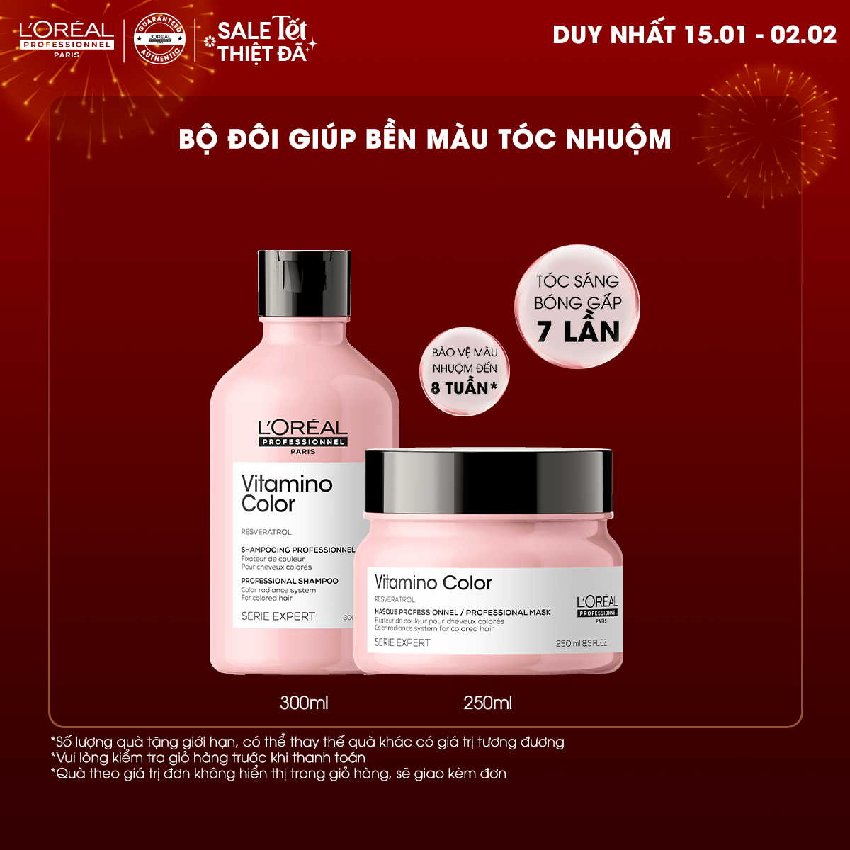 Combo Dầu gội 300ml & Dầu hấp 250ml giữ màu tóc nhuộm & dưỡng tóc mềm mượt L'Oréal Professionnel Serie Expert Vitamino Color