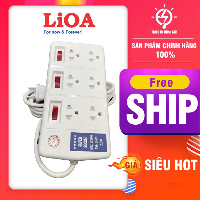 Ổ cắm điện LIOA công suất lớn, 3300W, 6 ổ cắm, 3 công tắc, dây dài 2.5M, 6SS2.5-2 - Thiết Bị Điện T&H