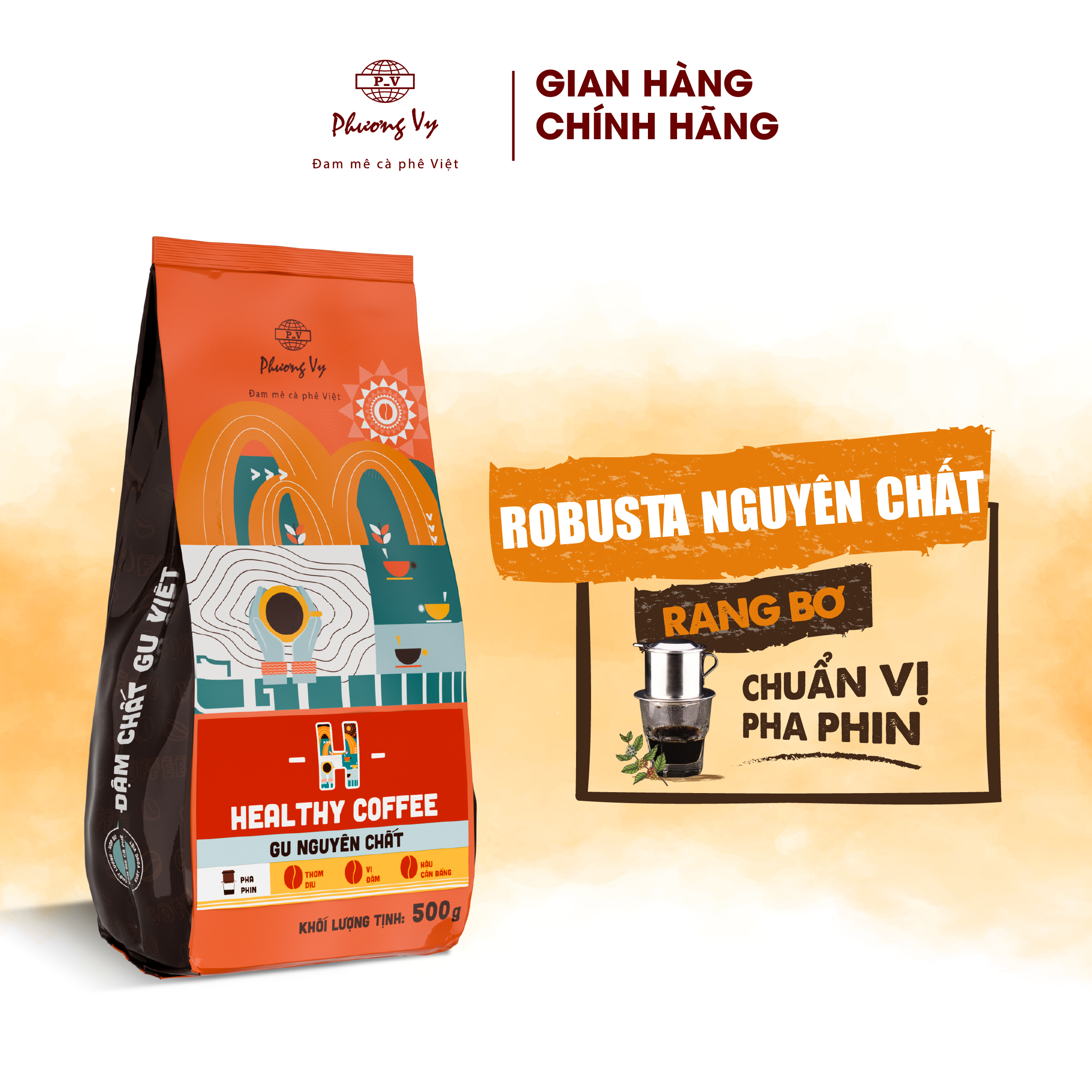 Cà Phê Nguyên Chất Healthy Coffee 500g vị đậm đà, dành cho pha phin, Phương Vy Coffee