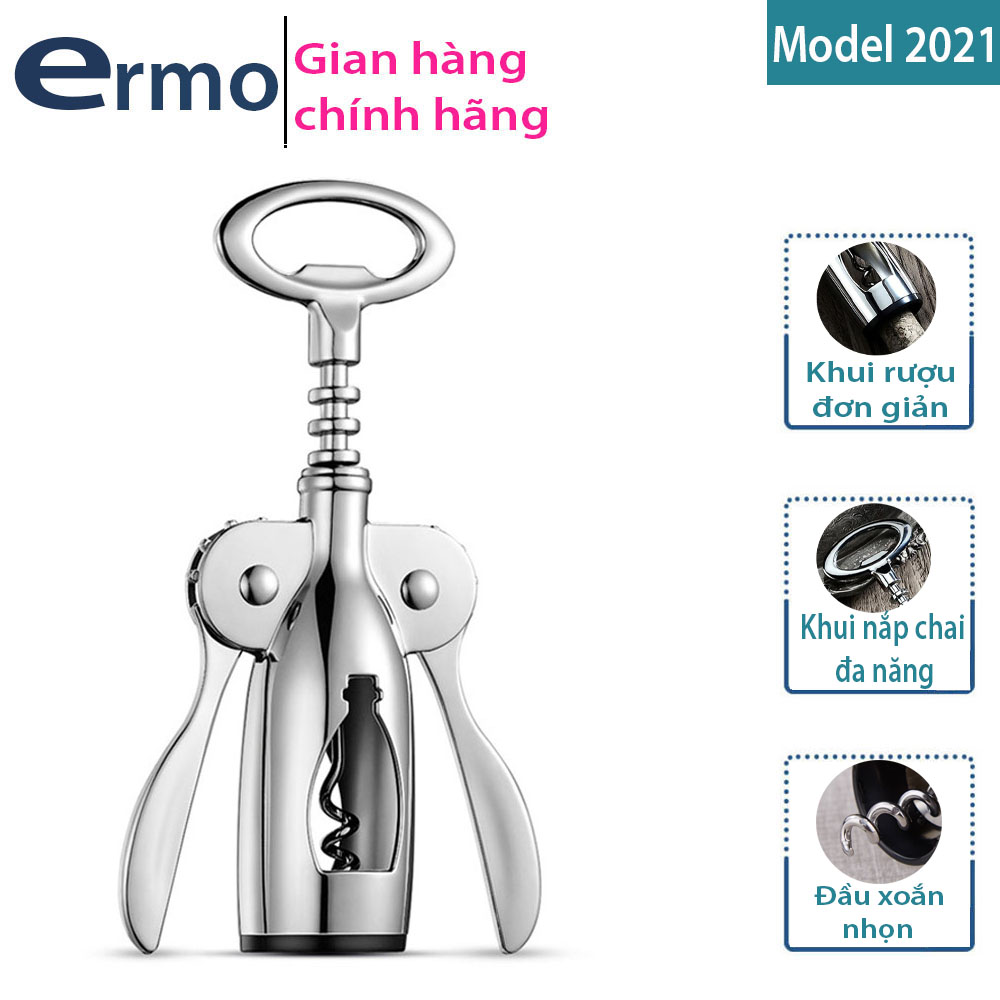 Dụng cụ khui rượu vang ERMO có kèm đầu khui bia,mở nắp chai tiện dụng chất liệu inox không gỉ cao cấp sử dụng cực bền