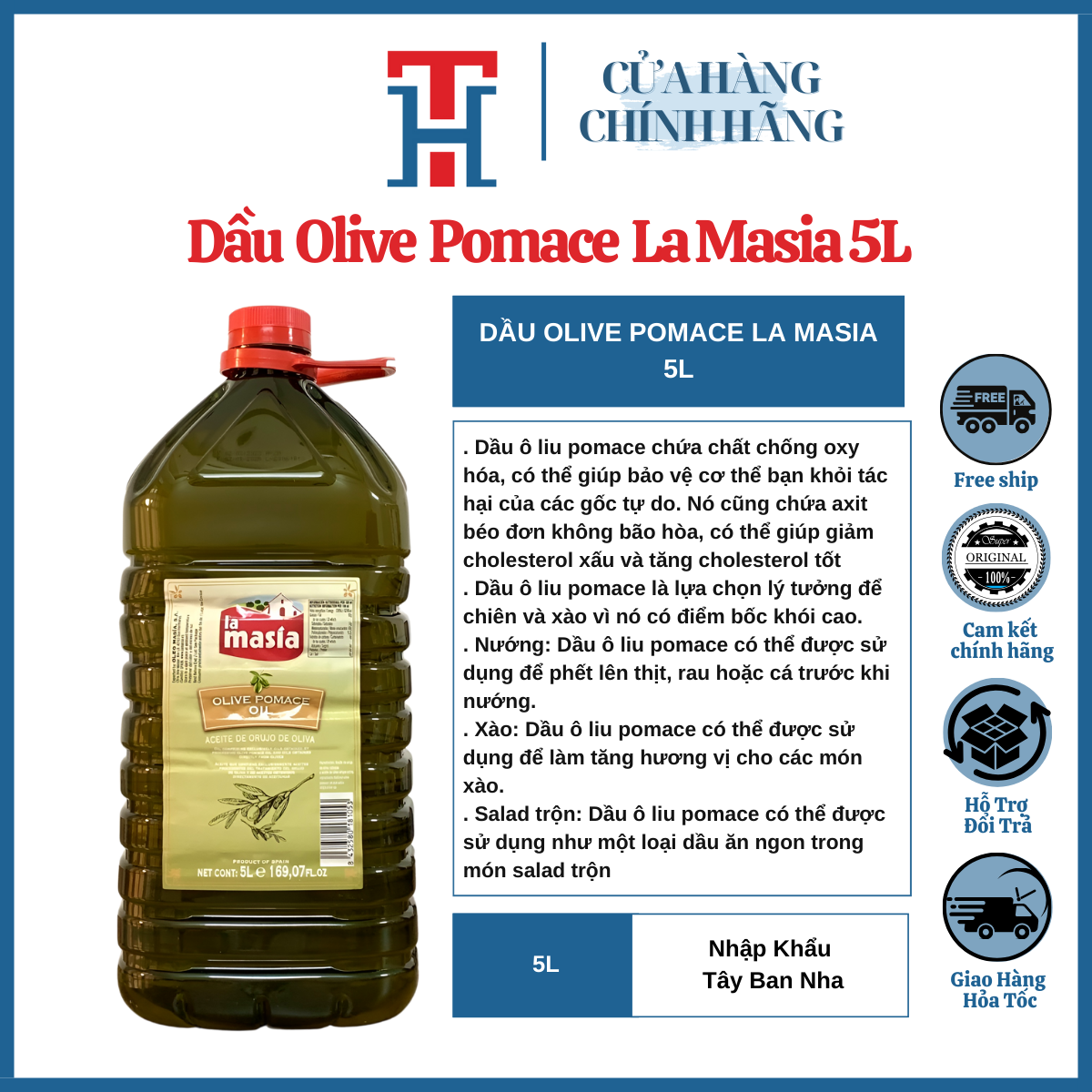 [Tặng kèm Lá ROSEMARY] Dầu Olive Pomace La Masia 5L Chuyên Dùng Hằng Ngày Nhập Khẩu Tây Ban Nha