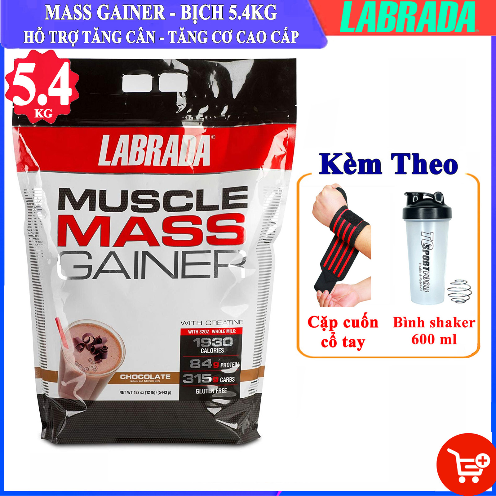 [KÈM BÌNH & CUỐN CỔ TAY] Sữa tăng cân tăng cơ nạc Muscle Mass Gainer của Labrada bịch lớn 5.45 kg có enzym tiêu hóa tăng hấp thu xây dựng và phát triển cơ bắp nhanh cho người gầy kén ăn khó tăng cân khó hấp thu - thuc pham chuc nang