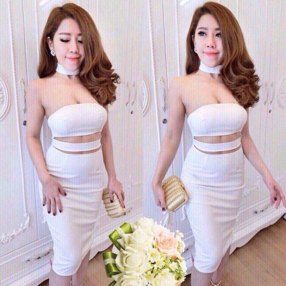 Váy đầm ôm body cúp hở bụng chân váy bút chì xẻ sau
