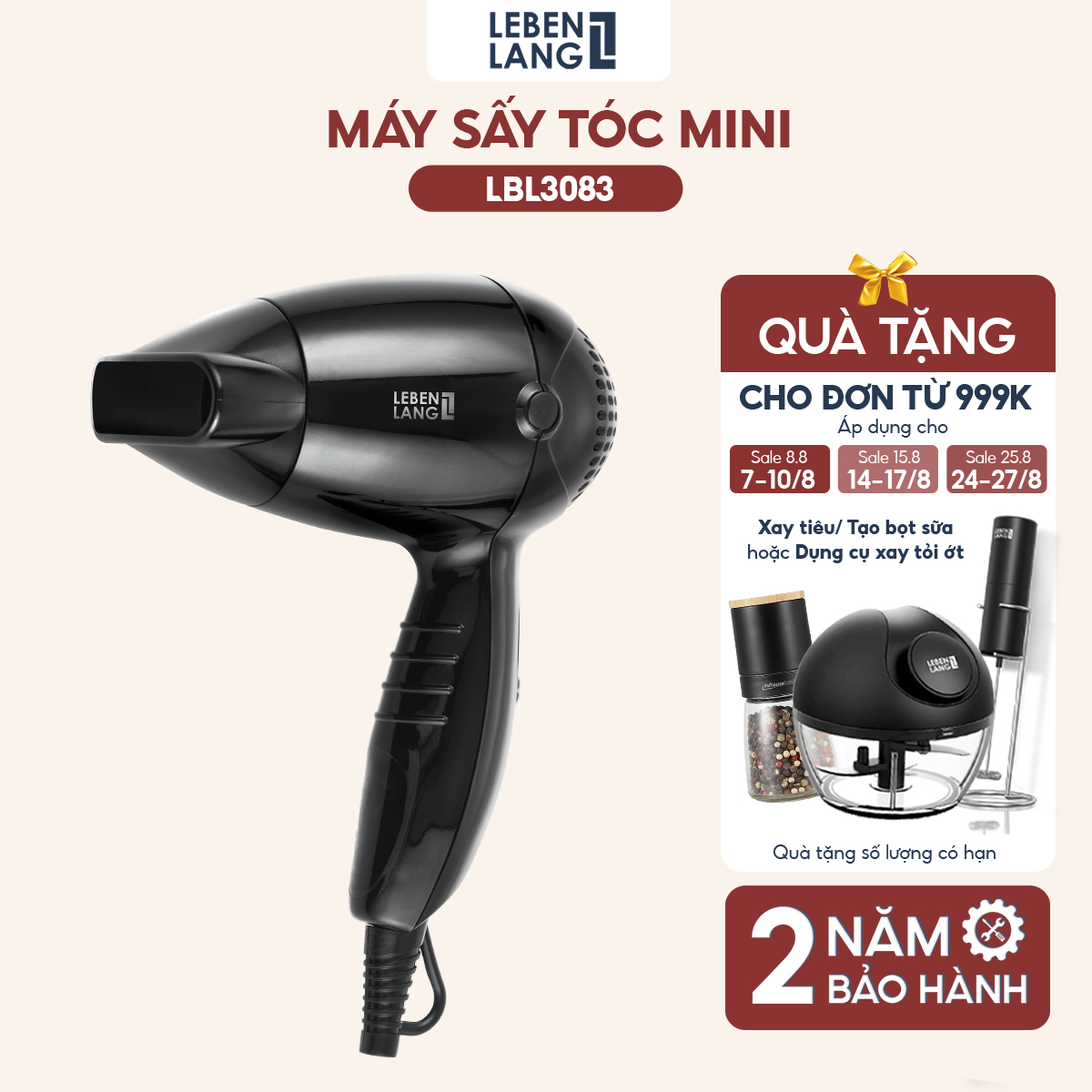 Máy sấy tóc mini Lebenlang LBL3083, chống xơ rối tóc bằng công nghệ ion 1200W, nhỏ gọn tiện lợi, tặng kèm túi đựng, bảo hành 2 năm - hàng chính hãng