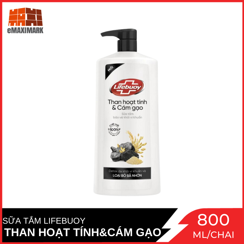 [HCM ship 2h] Sữa tắm Lifebuoy Bảo Vệ Khỏi Vi Khuẩn Than Hoạt Tính Và Cám Gạo Chai 800ml