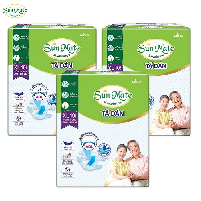 Combo 3 gói tã dán SunMate size XL10 (10 miếng x 3)  tã dán người lớn