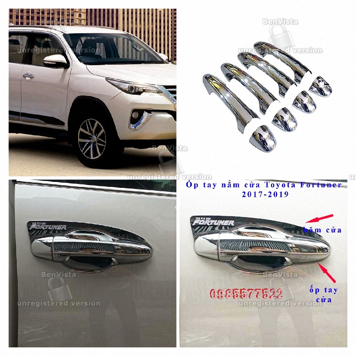 Bộ 4 ốp tay cửa và 4 hõm cửa xe Toyota Fortuner 2017-2019 Mạ Crom cao cấp