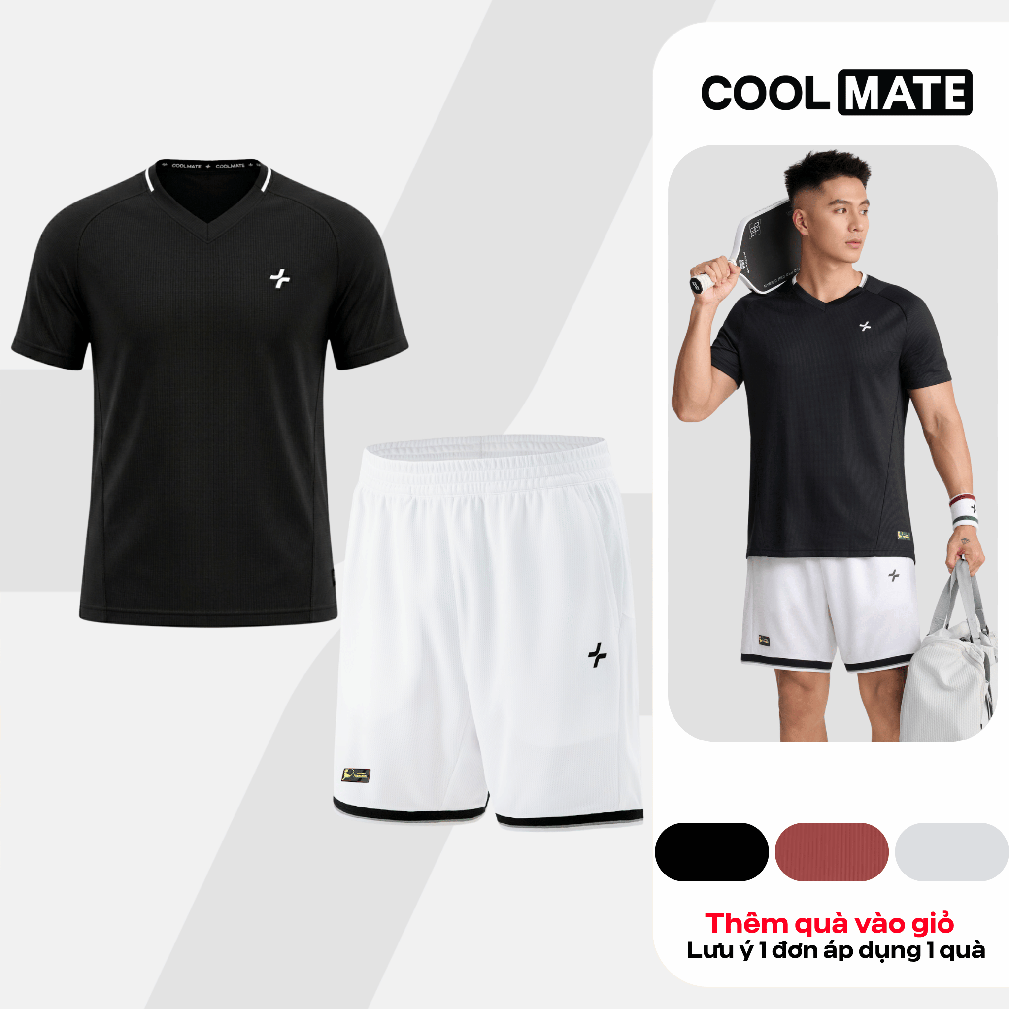 [TẶNG SET 2 QUÀ]Set đồ bộ thể thao nam Pickleball Áo thun cổ V và Quần short Essentials Nhanh khô,Thoáng Khí,Thấm hút Coolmate
