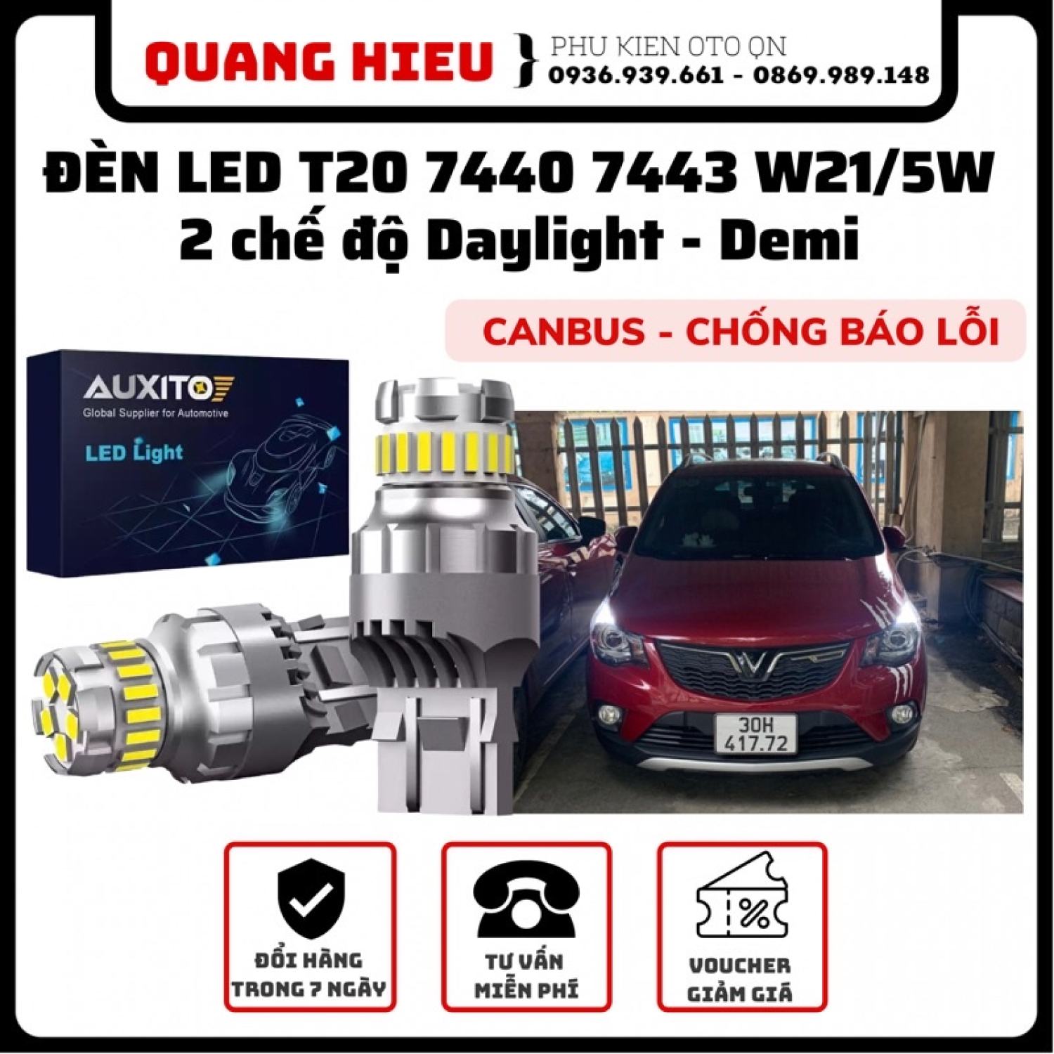 Đèn led auxito t20 7440 7443 canbus, 2 chế độ daylight & demi xe fadil, cross, mazda 3, mazda 2….