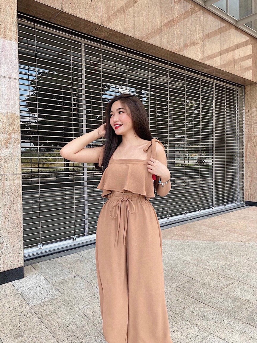 [HCM]( SALE SẬP SÀN) Set đồ bộ nữ áo hai dây quần ống rộng dài 3 màu vàng trắng hồng chất kate siêu mát mặc ở nhà đi chơi lên form siêu đẹp