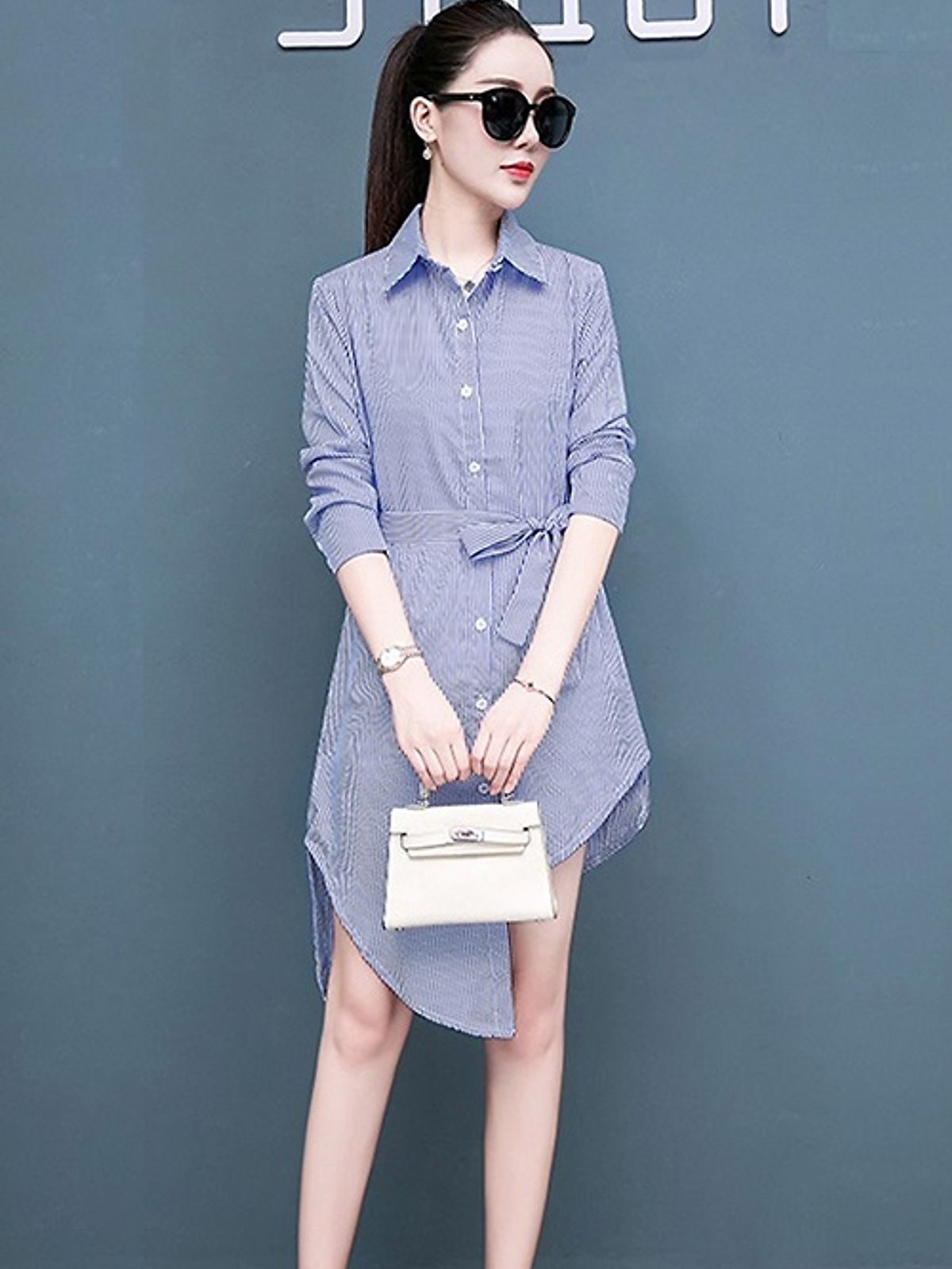 Đầm sơ mi kiểu dáng Hàn Quốc, váy cổ V công sở phối sọc thời trang HaiAnh Da118