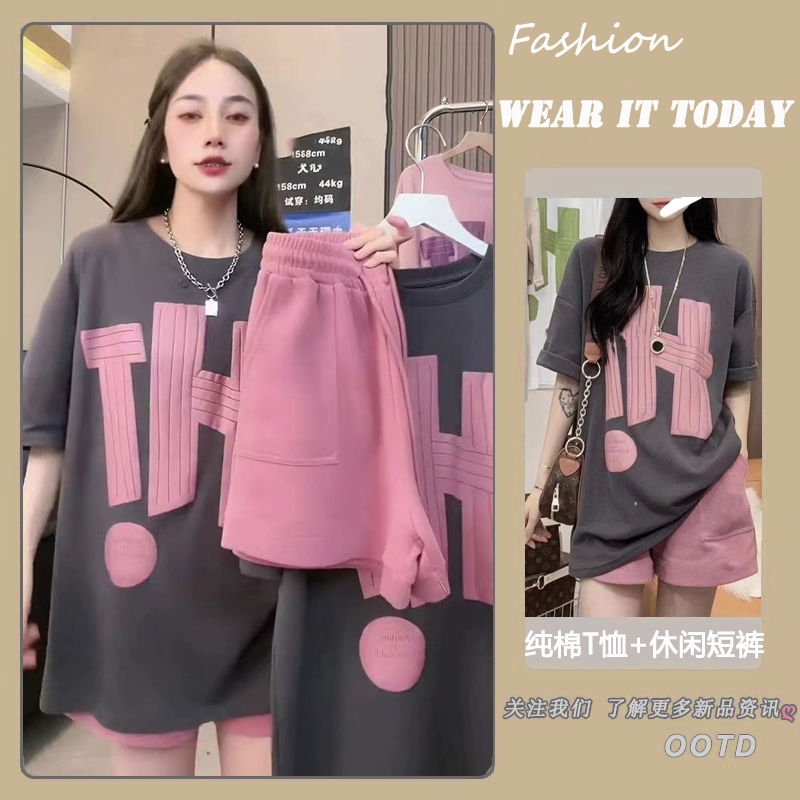 Người nổi tiếng trên mạng chiên bộ đồ thể thao đường phố mùa hè của phụ nữ quần đùi ngắn tay học sinh phiên bản Hàn Quốc lỏng muối hệ thống chạy bộ hai mảnh giản dị