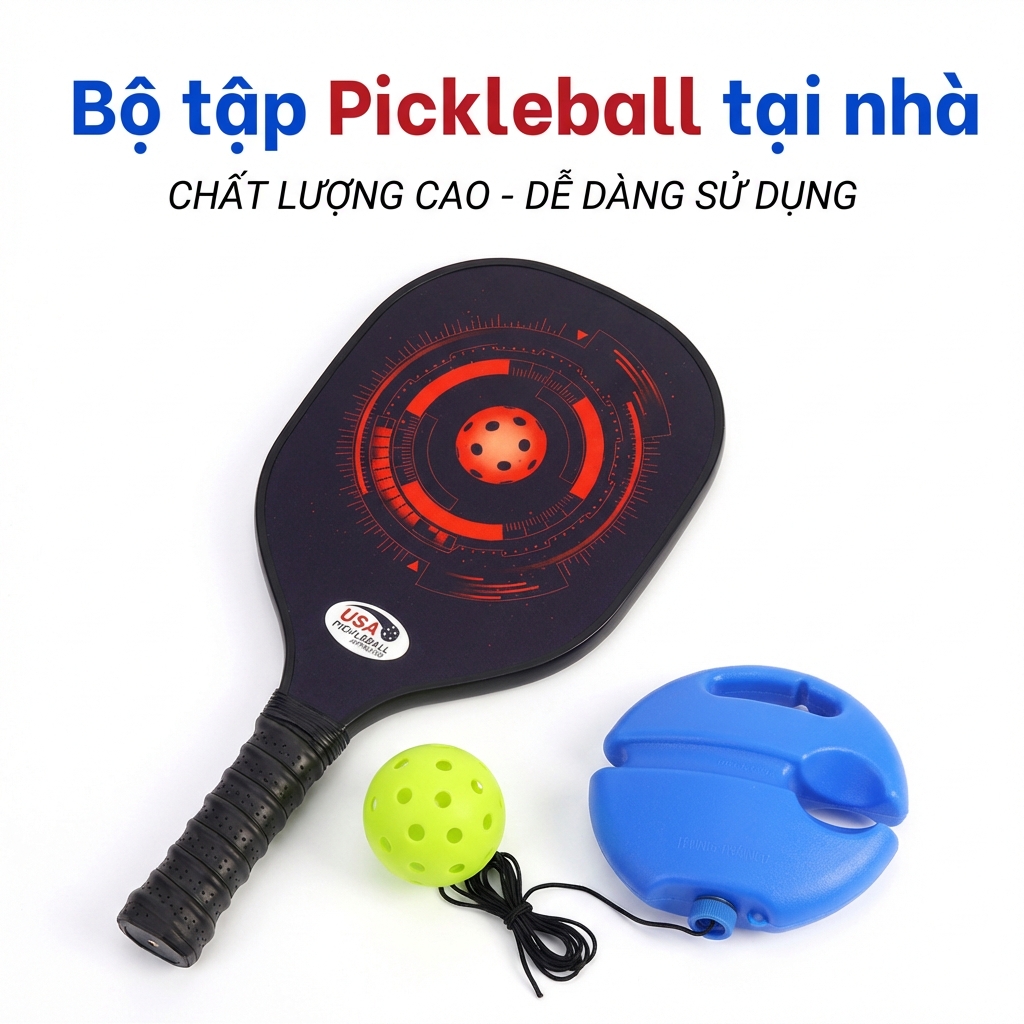 Vợt picleball + đế + bóng pickleball dây đàn hồi, dụng cụ tập tại nhà