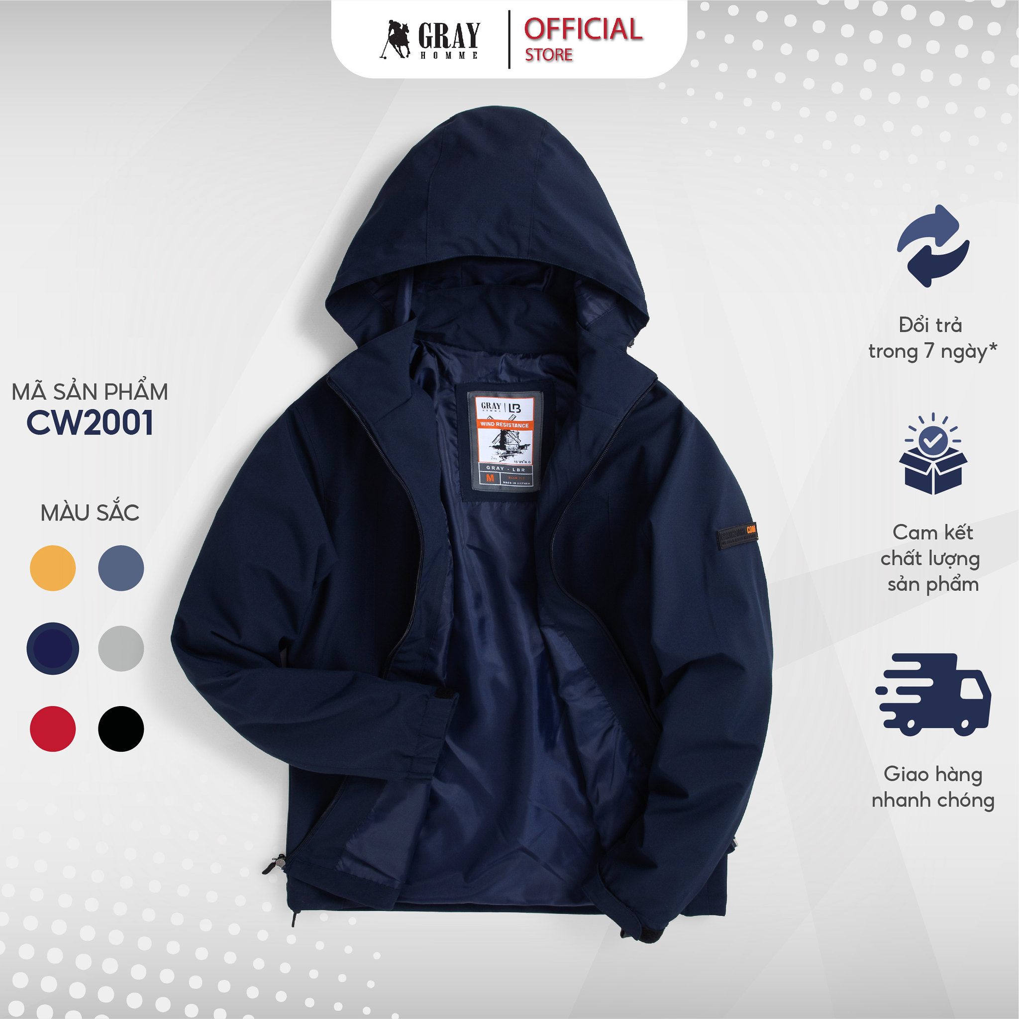 Áo khoác gió nam nữ, áo khoác gió nam Grayhomme chất vải gió tráng bạc 2 lớp chống nước, giữ nhiệt (CW2001)