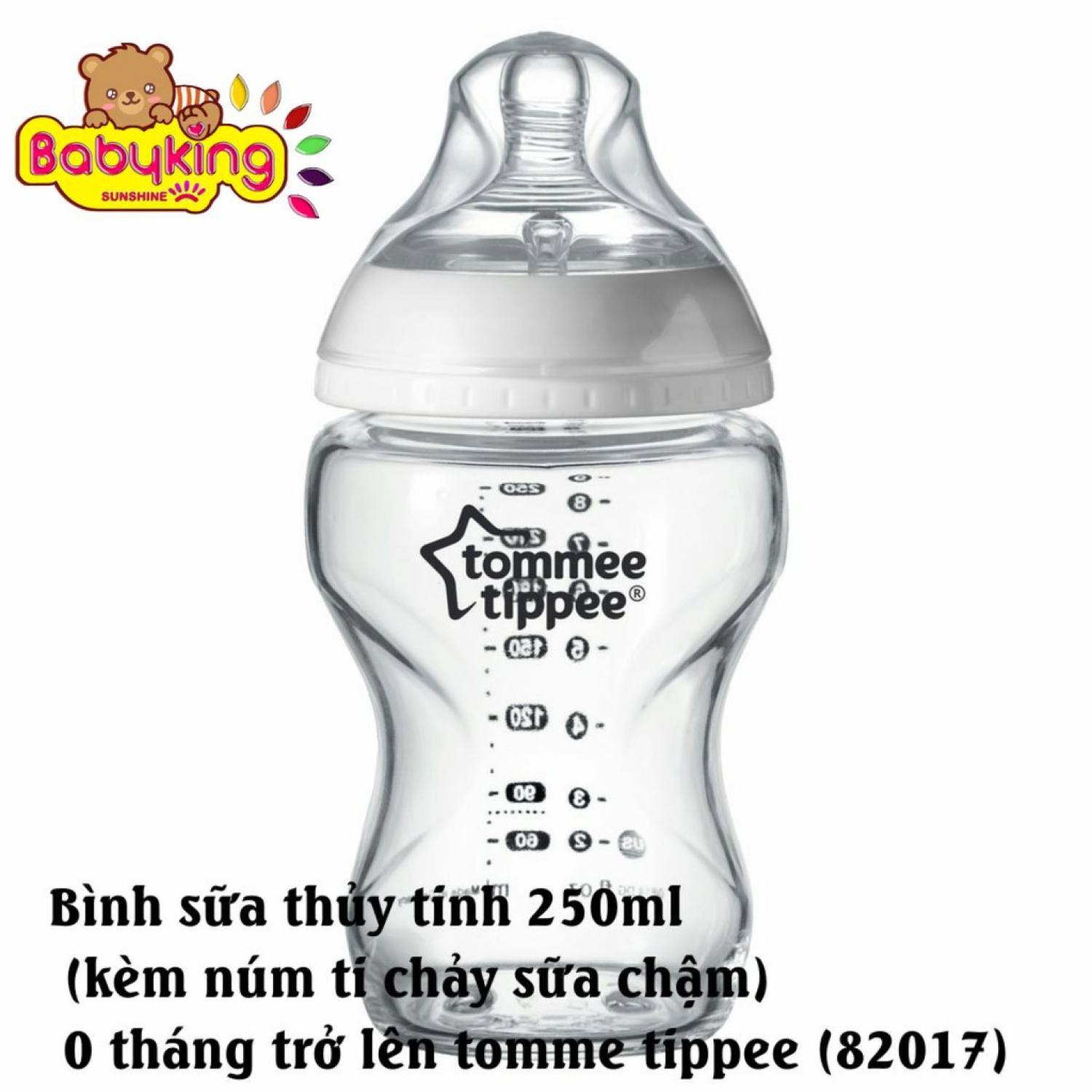 Bình sữa thủy tinh 250ml (kèm núm ti chảy sữa chậm) 0 tháng trở lên tommee tippee (82017)