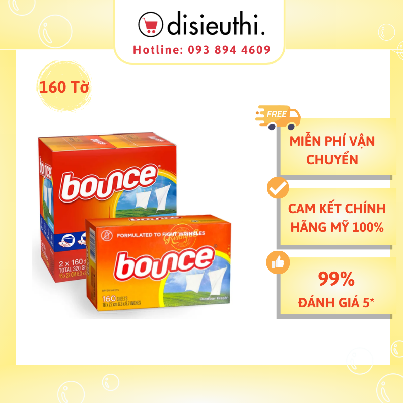 Set Khăn Giấy Thơm Quần Áo Bounce 4 In 1 (160 Tờ)x2 tạo độ thơm cho quần áo, tủ áo, máy giặt thơm mùi hương tự nhiên, tươi mát Bounce Dryer Sheets, Outdoor Fresh, 160-count, 2-pack