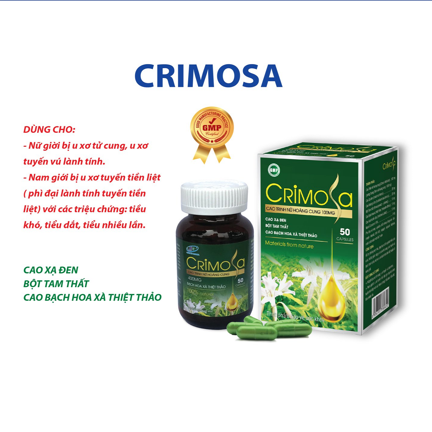 Viên Uống Trinh Nữ Hoàng Cung Crimosa – Ngăn Ngừa U Xơ Tử Cung, Buồng Trứng - Phì Đại Tuyến Tiền Liệt - Giảm Kích Thước Các Khối U - Lọ 50 Viên