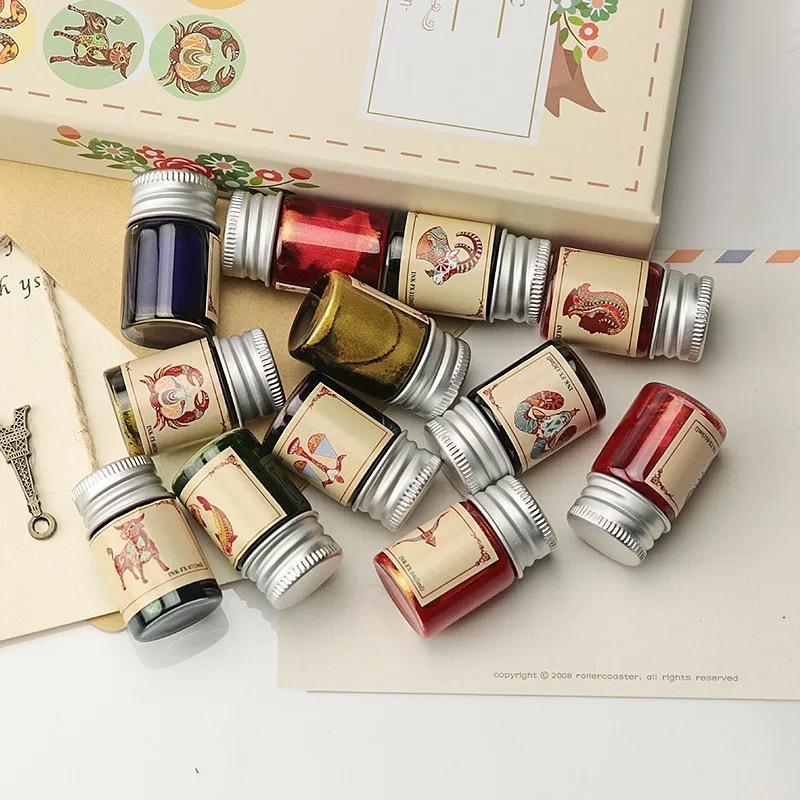 Hộp mực 12 lọ, mực nhũ óng ánh, Mực Bút máy học sinh, mực bút pha lê, bút kí tên, bút máy cao cấp, mực nhũ luyện viết chữ đẹp