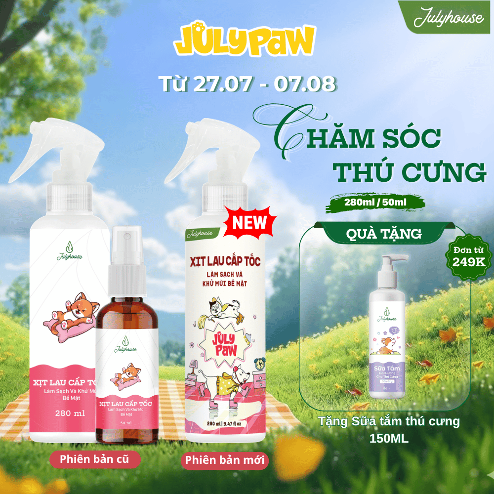 Nước lau sàn cấp tốc dạng xịt khử khuẩn khử mùi chó mèo 280ml JULYHOUSE kết hợp tinh dầu Oải Hương,Khuynh Diệp, Sả Chanh