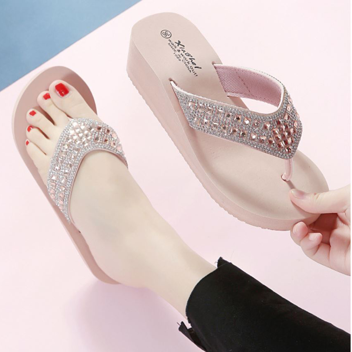 Dép xỏ ngón nữ đính đá sang trọng tăng chiều cao chống trơn trượt thời trang cao cấp DN16 (3 màu)
