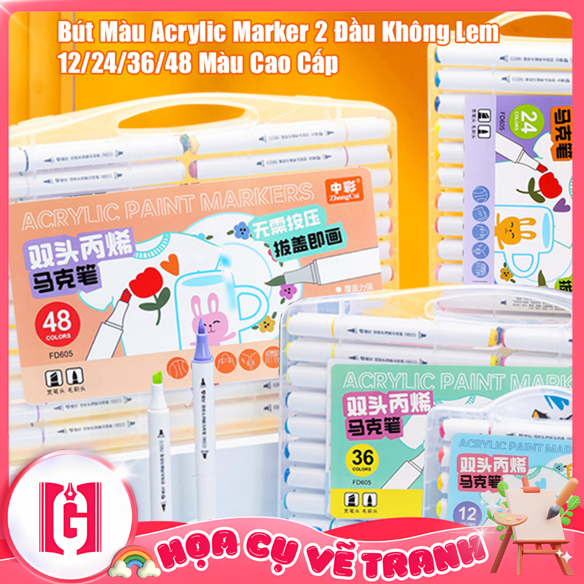 Bút Màu Sơn Acrylic Marker Zhongcai 2 Đầu Cao Cấp, Bút Viết Calligraphy Không Lem, Không Thấm Giấy - An Toàn Cho Bé, Dễ Dàng Sử Dụng