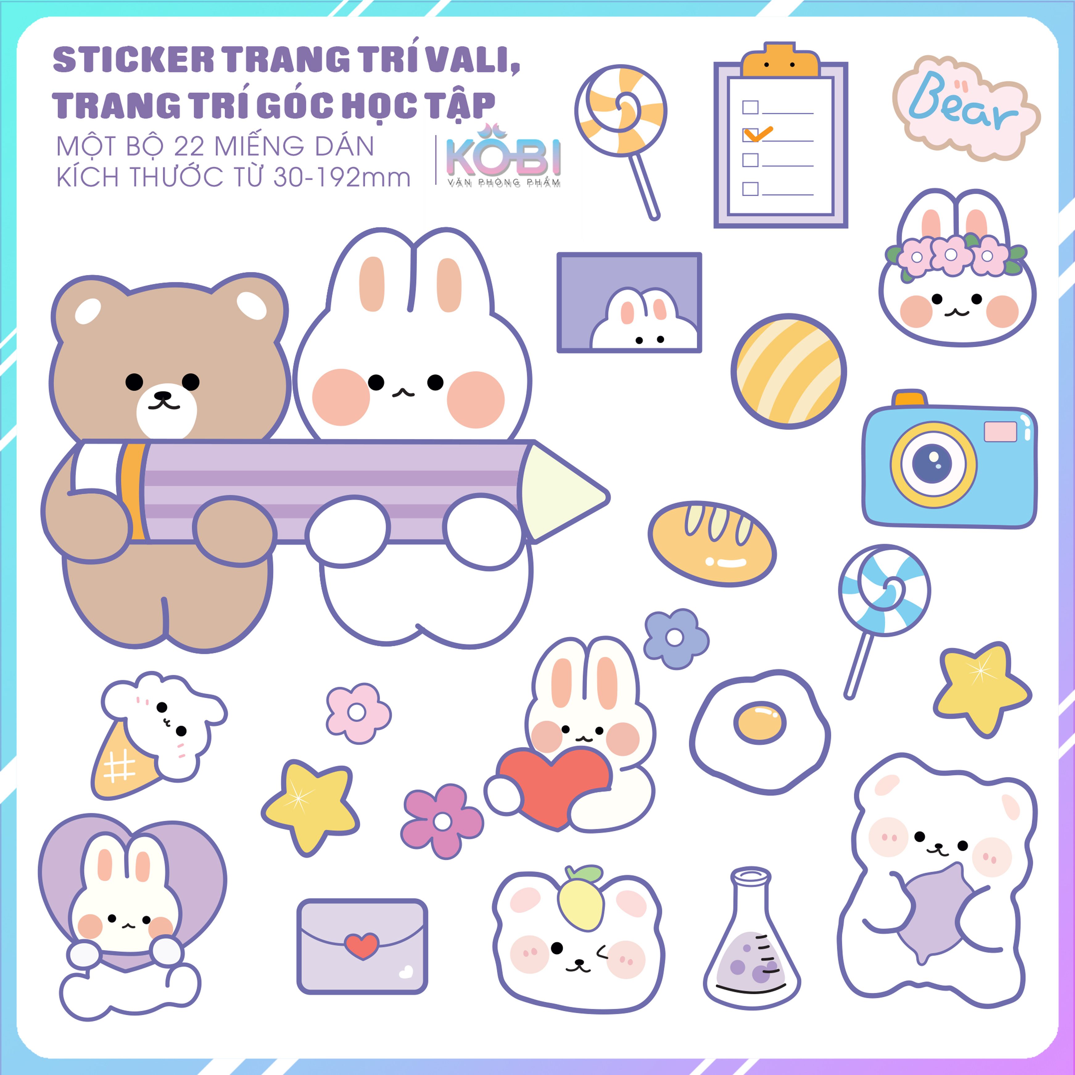 Sticker Thỏ Gấu 2 Dán Vali - Sticker trang trí góc học tập