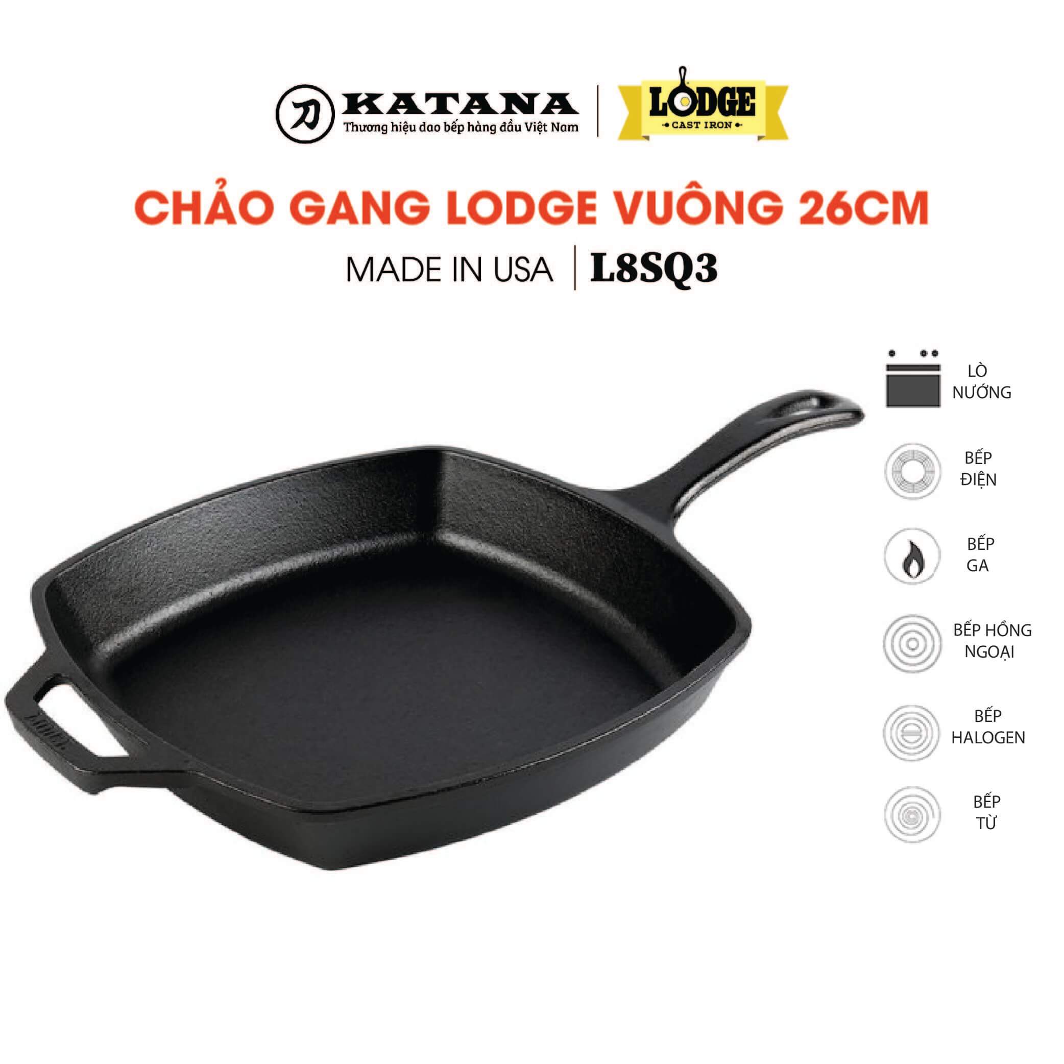 Chảo gang hình vuông Lodge - Chảo bít tết không dính nhập khẩu từ Mỹ - Bảo hành chính hãng L8SQ3