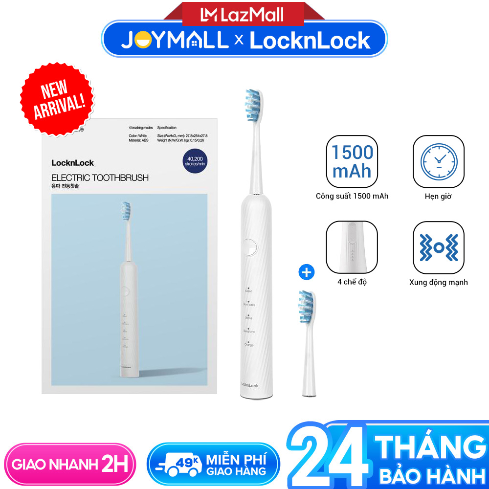 Bàn chải đánh răng điện LocknLock ENR331WHT, Hàng chính hãng, 4 chế độ làm sạch, dung lượng 1500mAh - JoyMall