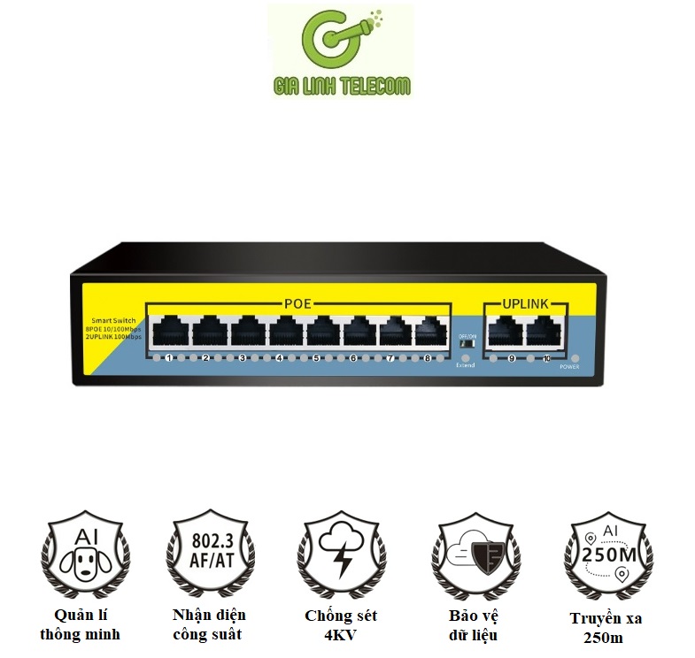 Bộ chia mạng Switch POE Smart 8 port 2 cổng uplink - chống sét