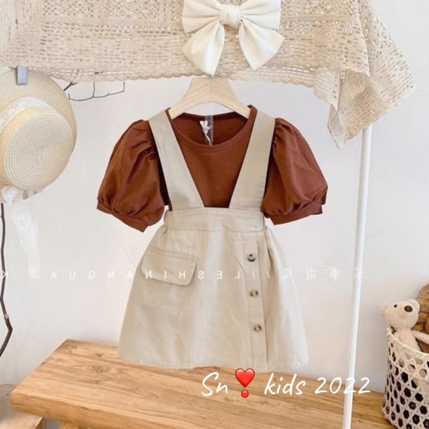 Set yếm váy thô kaki kèm áo cotton quảng châu cho bé gái 8-20kg