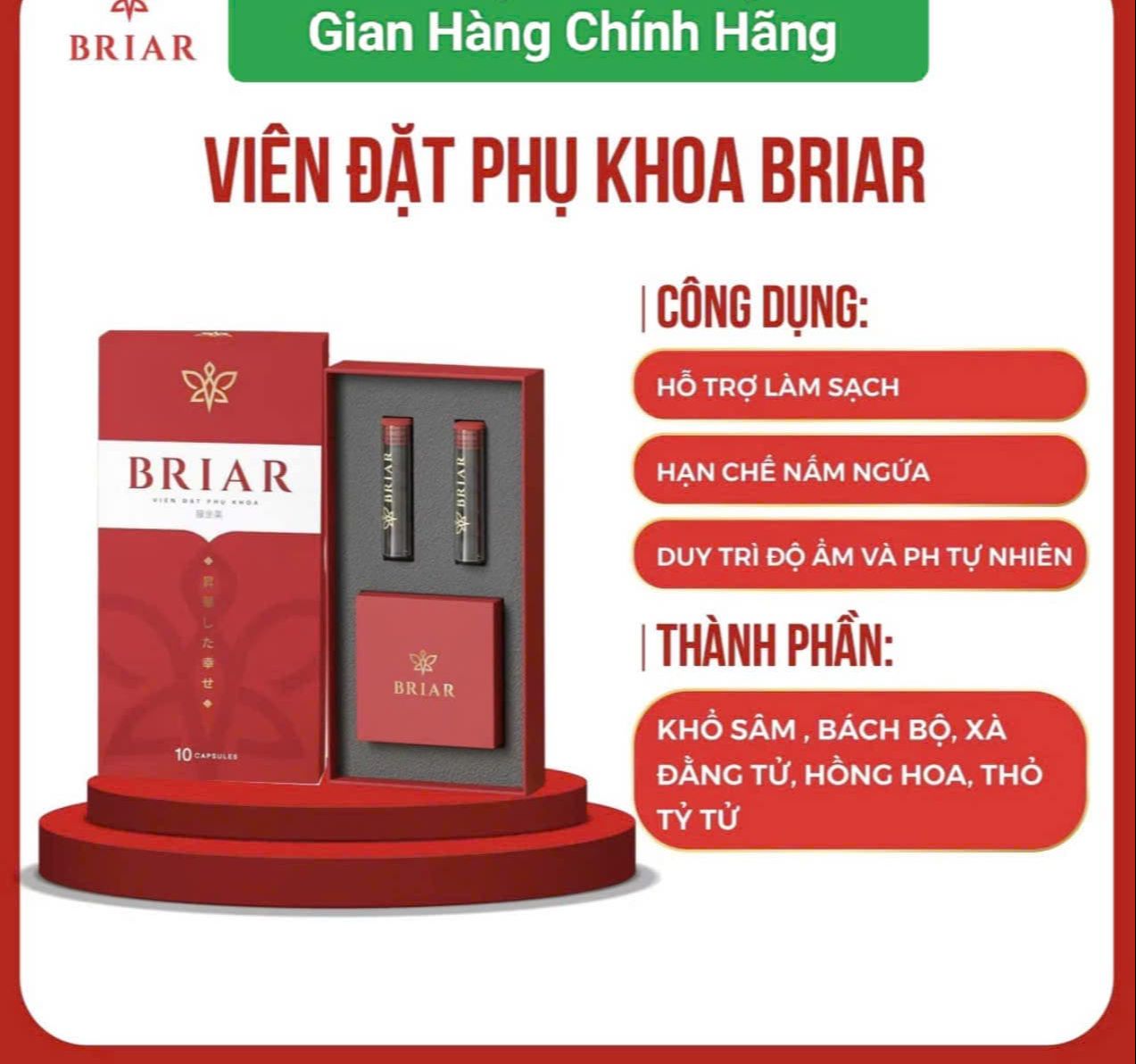   MẪU MỚI DATE 2026-CHE TÊN SP  VIÊN ĐẶT THẢO MỘC TẦM XUÂN BRIAR  HỘP 10 VIÊN  giúp Se Khít Và Làm Sạch viêm Phụ Khoa Vùng Kín viên đặt phụ khoa Briar Việt Nam hỗ trợ làm sạch cô bé giúp cân bằng PH ngăn ngừa khí hư 