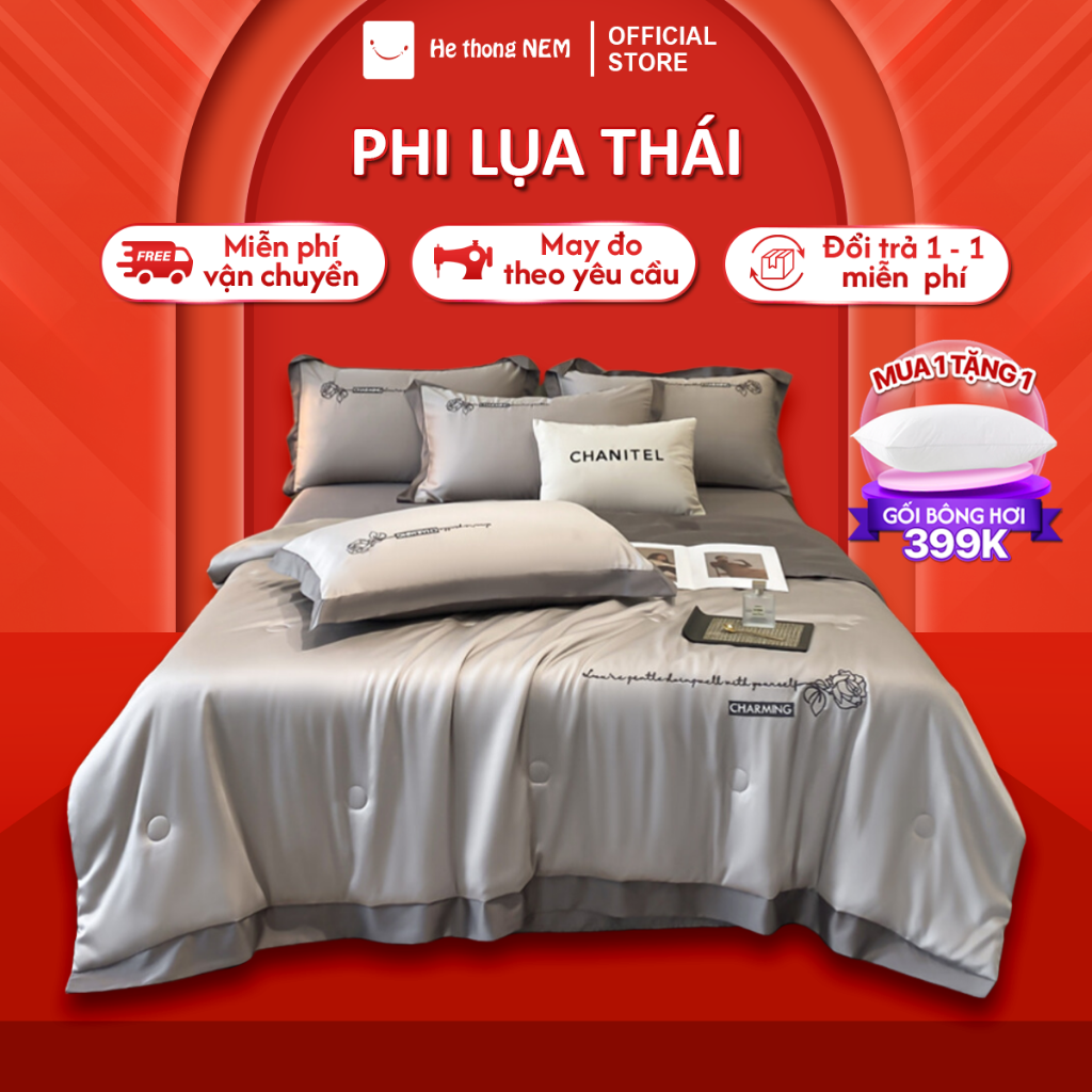 Set chăn ga 5 món Hệ Thống Nệm bộ set chăn ga drap grap phủ trải giường gối nệm đệm 5 món lụa thái mùa hè cao cấp