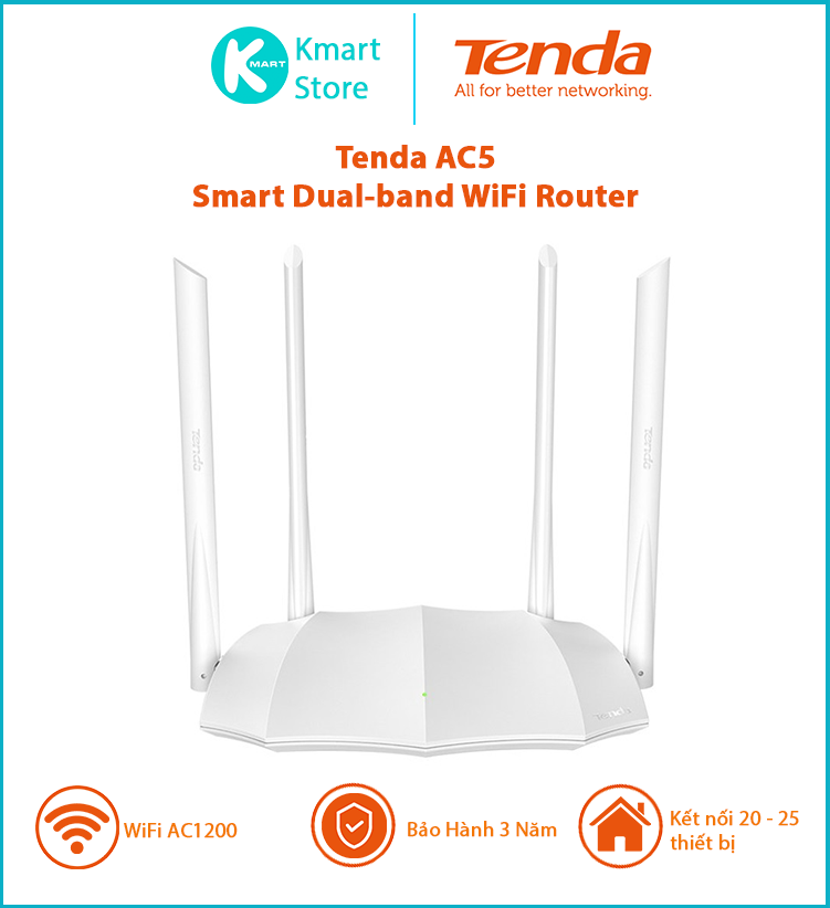 Tenda - thiết bị phát wifi tenda ac5 chuẩn ac 1200mbps smart dual-band wifi router - hàng chính hãng