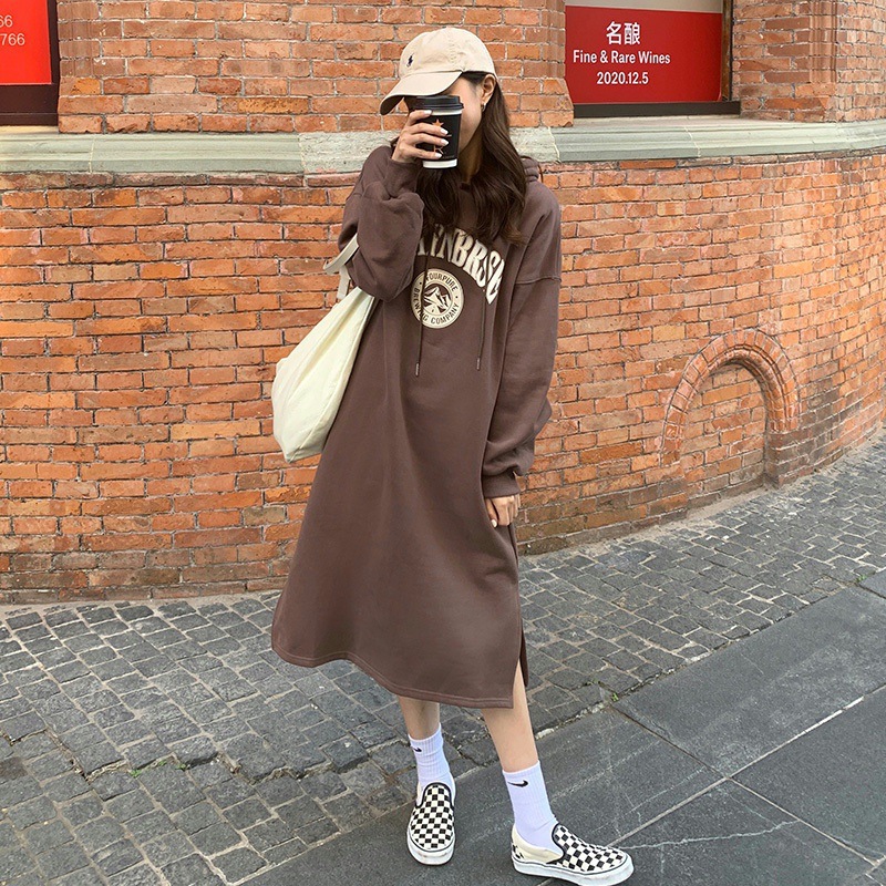 Váy Áo Hoodie Dài Tay Liền Mũ Dáng Dài Quá Đầu Gối Dày Dặn Lót Nhung Thu Đông Váy Dài Xẻ Tà Cổ Điển Phong Cách Hồng Kông Cho Nữ Sành Điệu hot