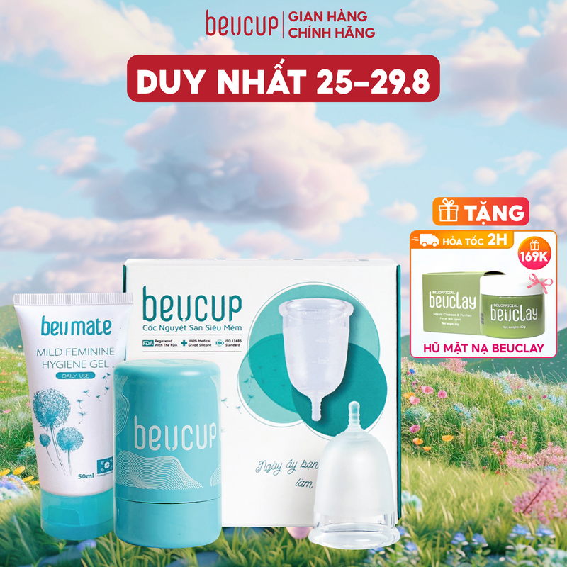 Cốc nguyệt san Silicone y tế Beu Cup - Băng vệ sinh kiểu mới, cốc nguyệt san co giãn + Tặng cốc đựng tiệt trùng cốc nguyệt san
