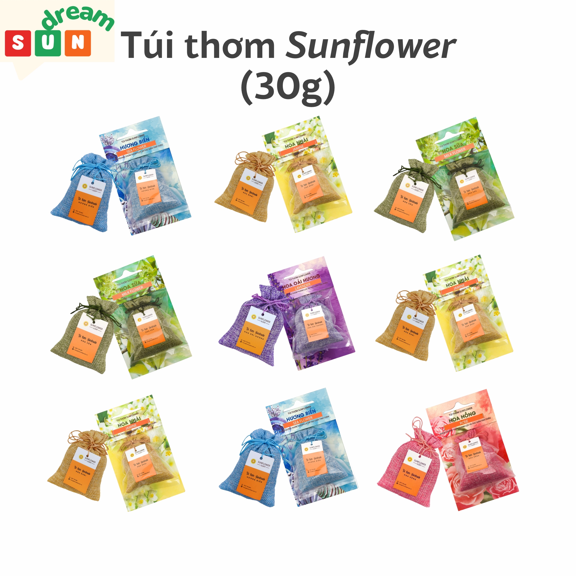 Túi thơm sunflower 30g hương nhài, hương biển, hương hoa hồng, hương hoa oải hương, hương hoa sữa