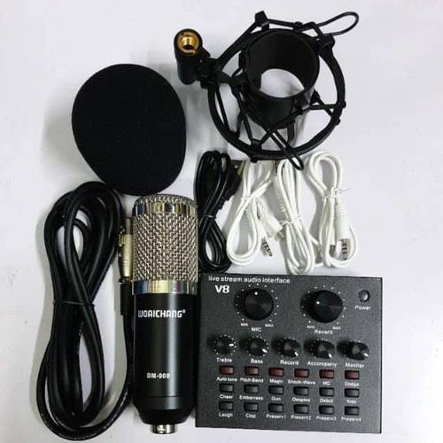 COMBO BỘ LIVESTREAM THU ÂM KARAOKE ONLINE,MIC BM900,SUOND CARD V8