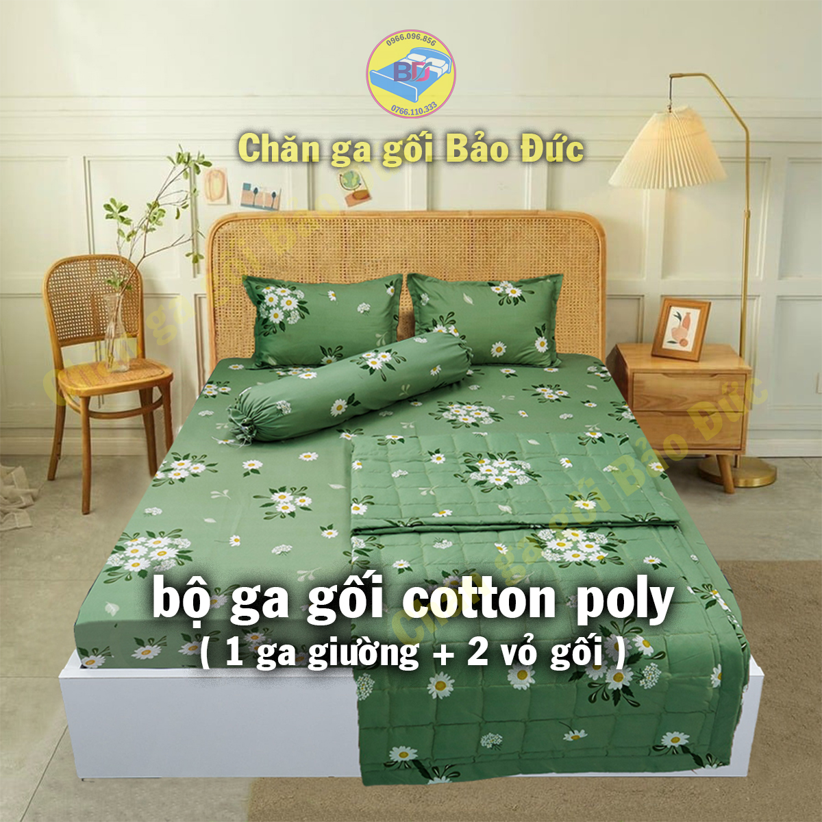 Bộ ga giường 3 món, 1 ga bọc nệm + 2 vỏ gối nằm cotton poly