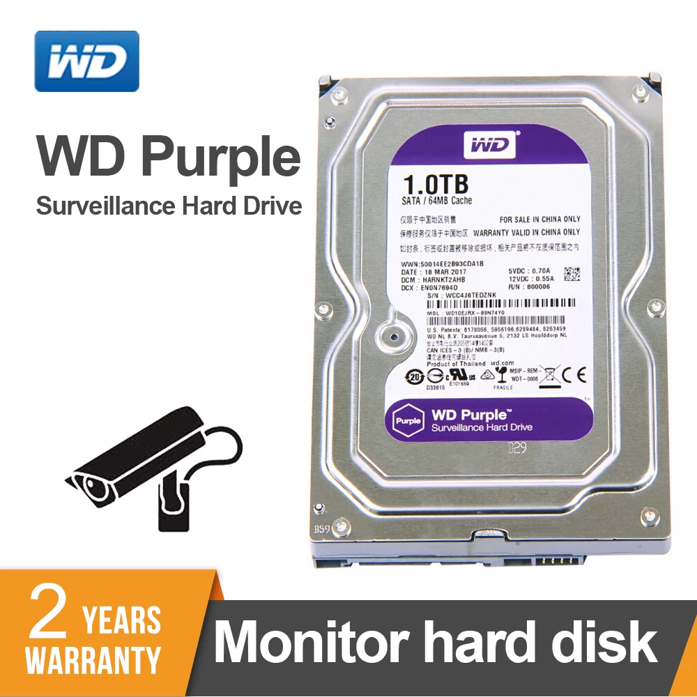 Ổ Cứng HDD WD Purple Tím 1Tb Chuyên dùng cho Đầu Ghi Camera - bảo hành 2 năm- hàng nhập khẩu