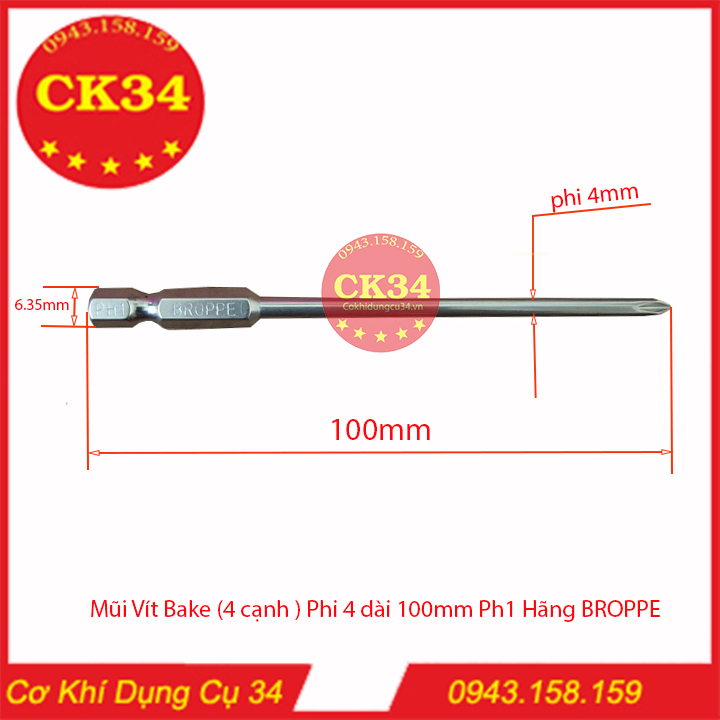 Mũi vít bake phi 4 ph1 chuôi lục giác cho máy khoan, bắn vít