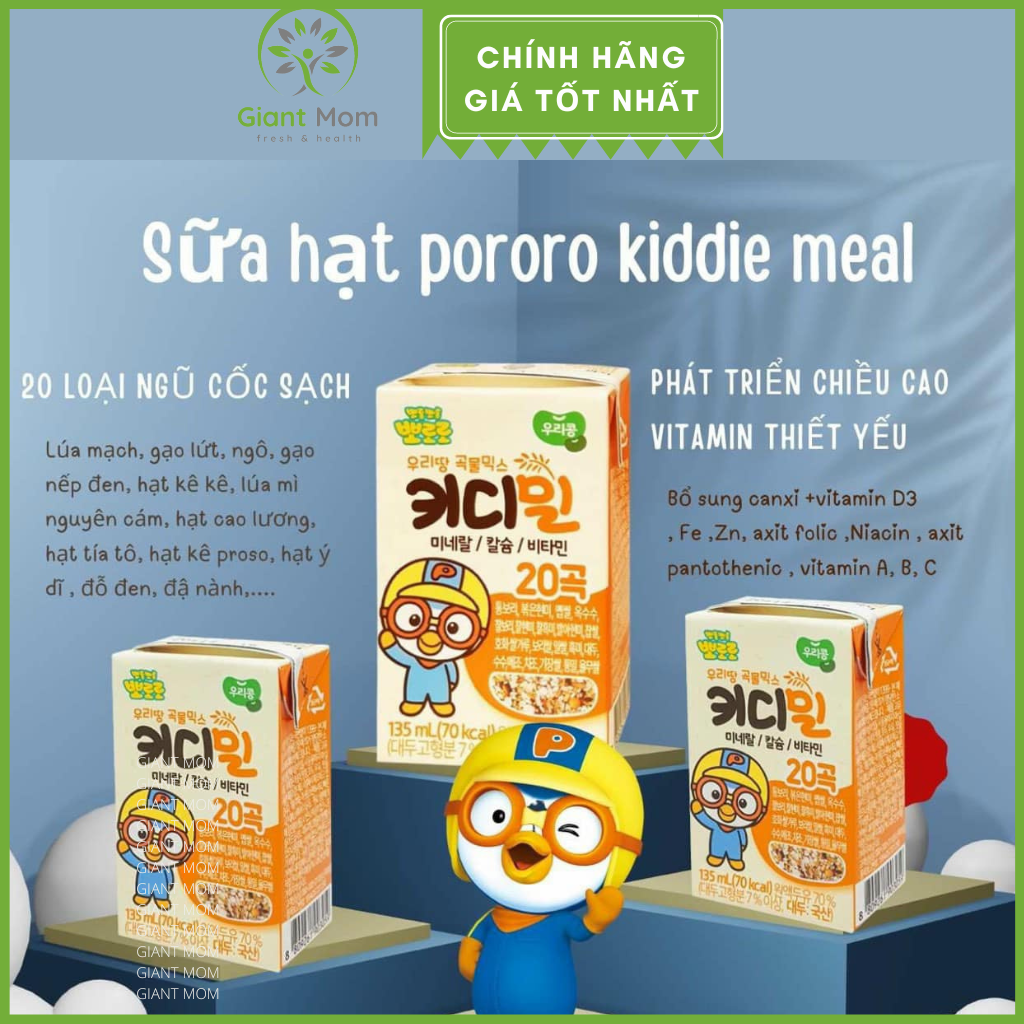 Sữa hạt Pororo Giantmom - Sữa hạt pororo Kidimeal thuần chay mix 20 loại hạt nội địa Hàn Quốc - Hộp 135ml cho bé trên 1 tuổi
