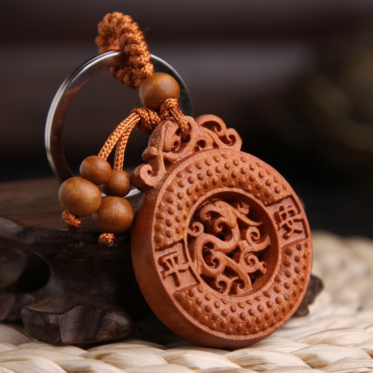 Móc khoá gỗ phong thuỷ khắc thủ công hình Đồng Tiền Rồng may mắn - Gia Phú Lock Store