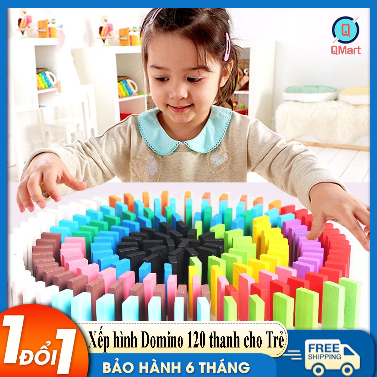 Đồ chơi trẻ em xếp hình Domino 120 thanh bằng gỗ nhiều màu kích thước 4,4cm an toàn cho bé từ 2 tuổi thông minh