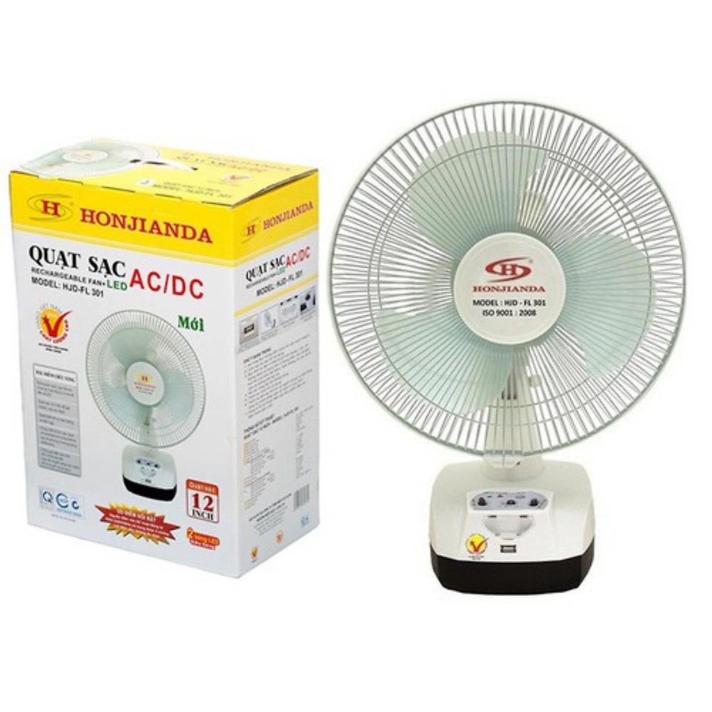 Quạt Sạc Tích Điện Honjianda FL 301 1 2 Bình Có Đèn Led và Cổng Sạc USB