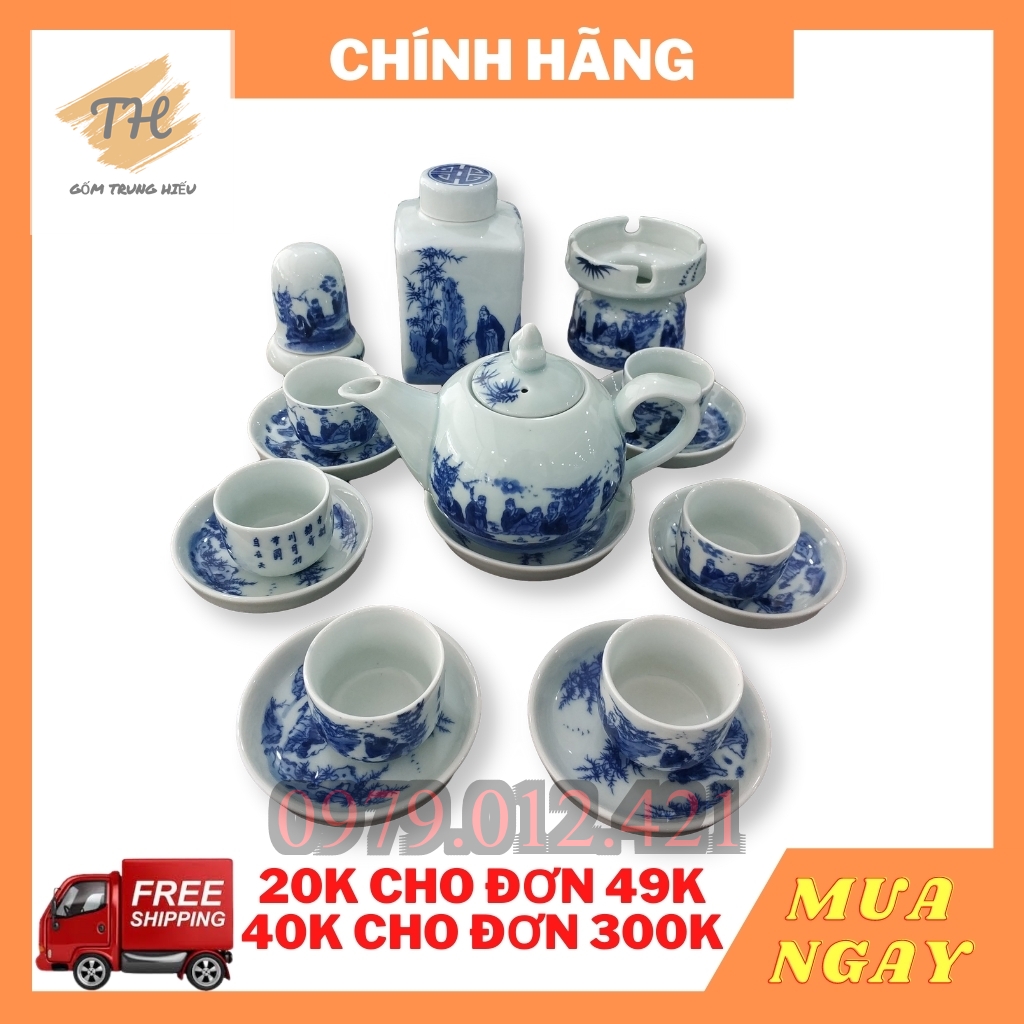 Bộ ấm chén men lam Bát Tràng tích Trúc Lâm Thất Hiền