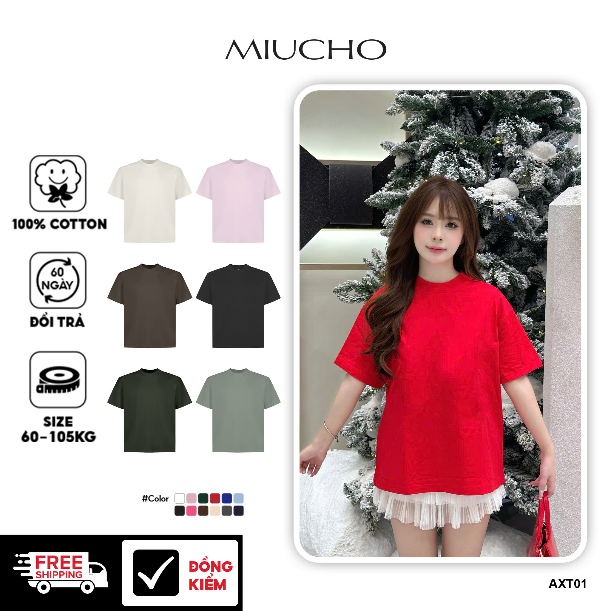 Áo thun trơn unisex form boxy AXT01 Miucho chất vải cotton co giãn 2 chiều