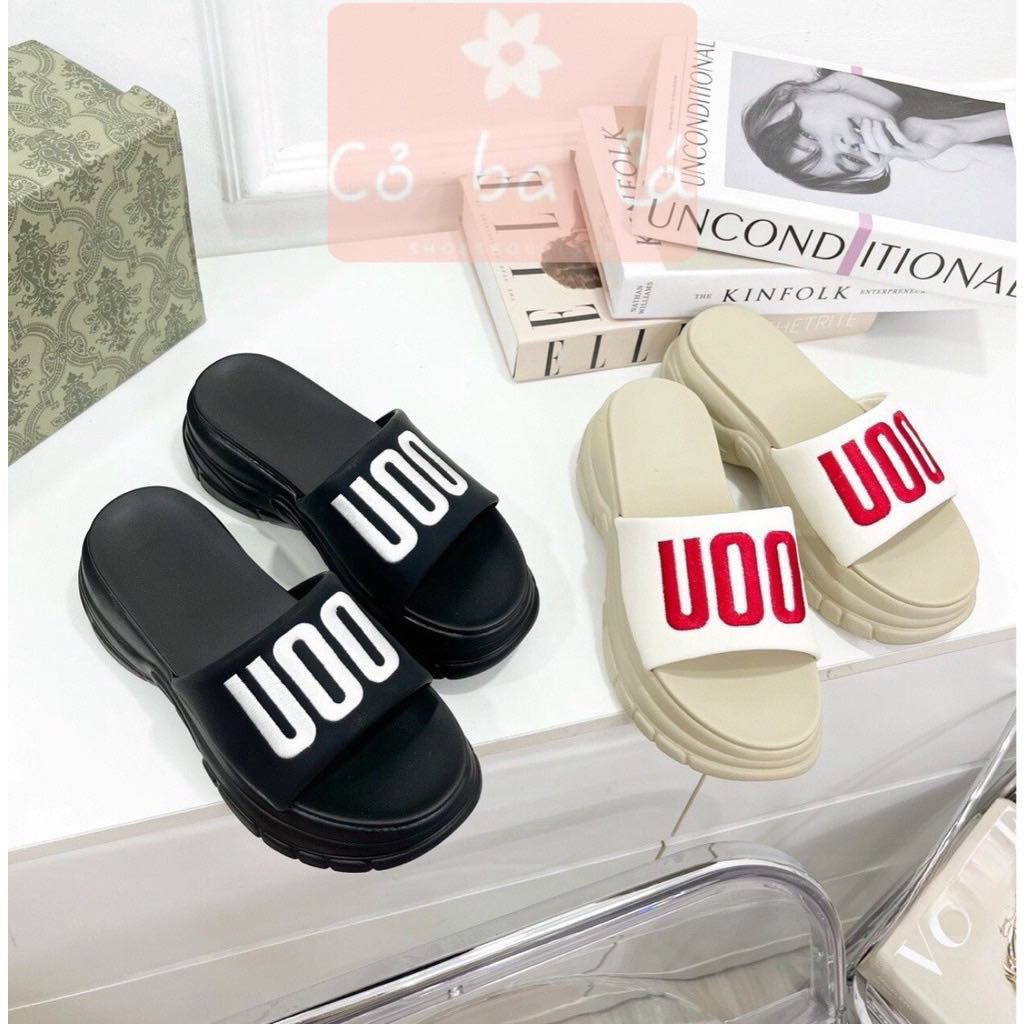 Dép xuồng dép thời trang quai ngang bản to thêu chữ đỏ UOO hàng quảng châu