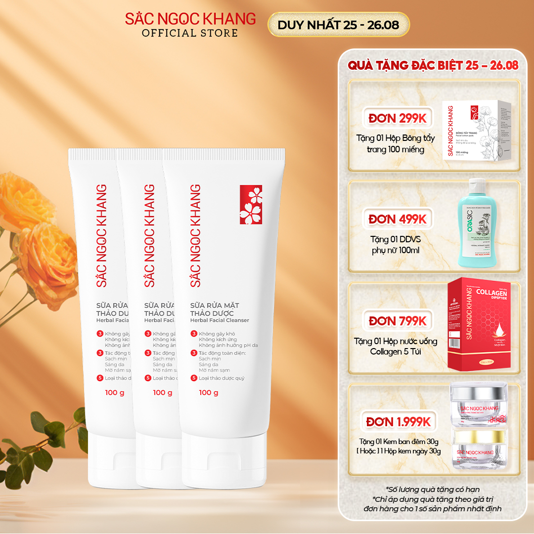 Combo 3 sữa rửa mặt Sắc Ngọc Khang 100g dưỡng da trắng sáng với tinh chất hoa anh đào, công thức dịu nhẹ phù hợp pH sinh lý làn da 5.5, không chứa xà phòng